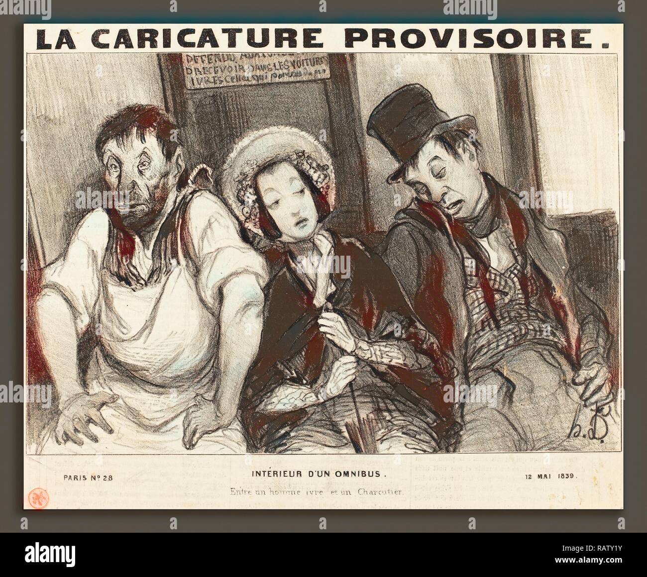 Honoré Daumier (Französisch, 1808-1879), Intérieur d'un-Omnibus, 1839, Lithographie auf Zeitungspapier. Neuerfundene Stockfoto