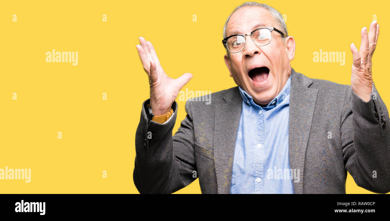 Stattliche senior businesss Mann mit Brille crazy und verrückt Schreien und Kreischen mit aggressiven Ausdruck und die Arme angehoben. Frustration Konzept. Stockfoto