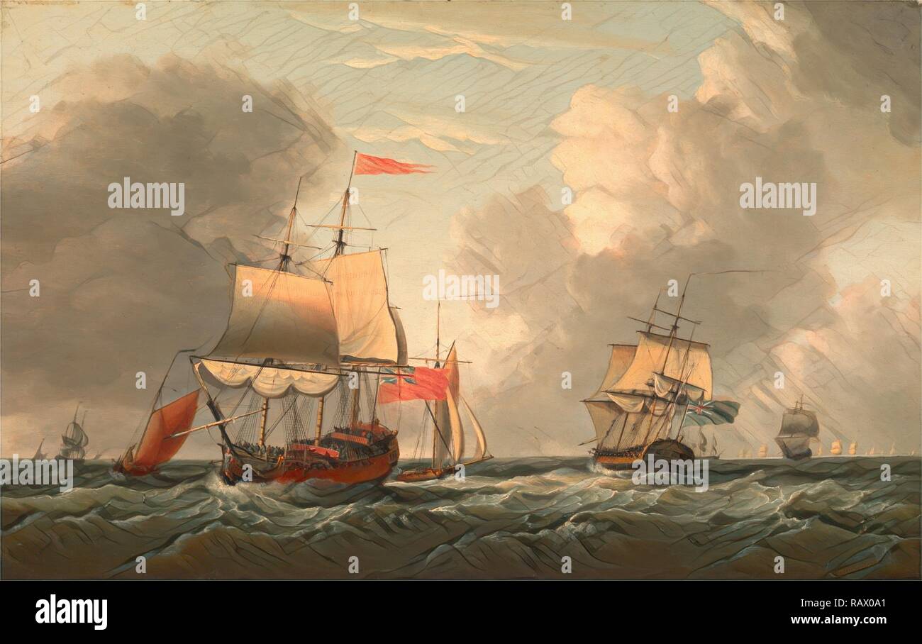 Eine englische Two-Decker Lügen Hove, mit anderen Schiffen und Schiffen in eine frische Brise unterzeichnet und in Schwarz datiert auf Holz neuerfundene Stockfoto