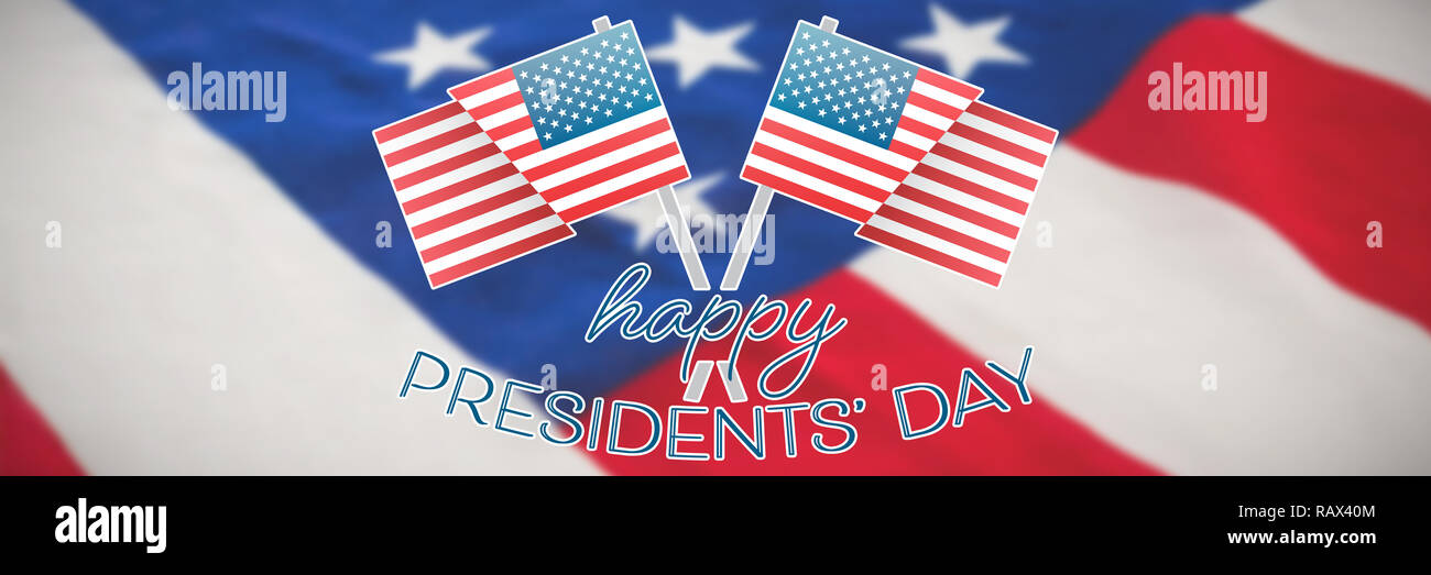 Das zusammengesetzte Bild der glücklichen Präsidenten Tag vektor Typografie und zwei amerikanische Flaggen Stockfoto