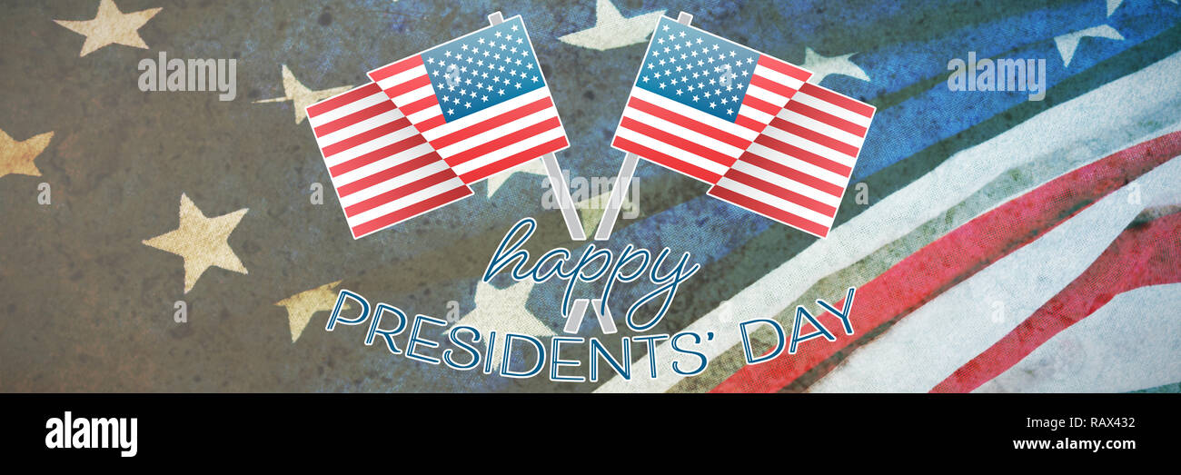 Das zusammengesetzte Bild der glücklichen Präsidenten Tag vektor Typografie und zwei amerikanische Flaggen Stockfoto