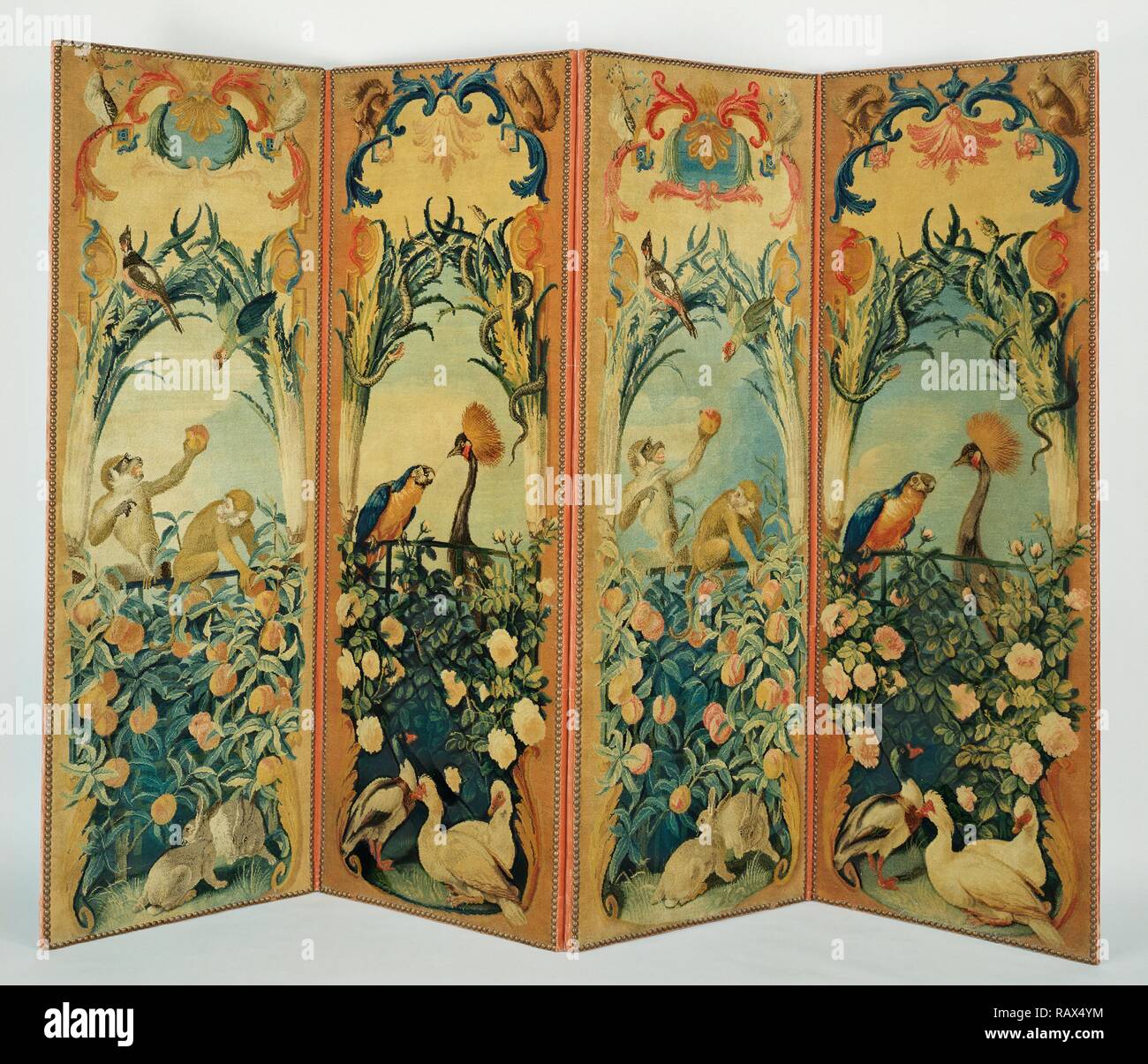 Four-Panel Bildschirm (Wandregal), nach Entwürfen von Alexandre-Fran çois Desportes, Französisch, 1661-1743, Savonnerie neuerfundene Stockfoto