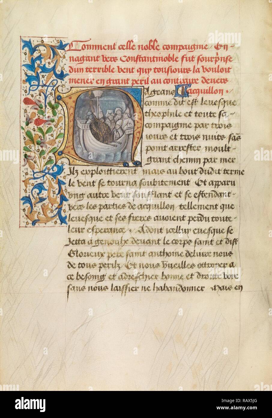 Erste N: Bischof Theophilus Schiff geblasen Natürlich und Bischof Theophilus im Gebet, Meister des Brüsseler Romuléon neuerfundene Stockfoto
