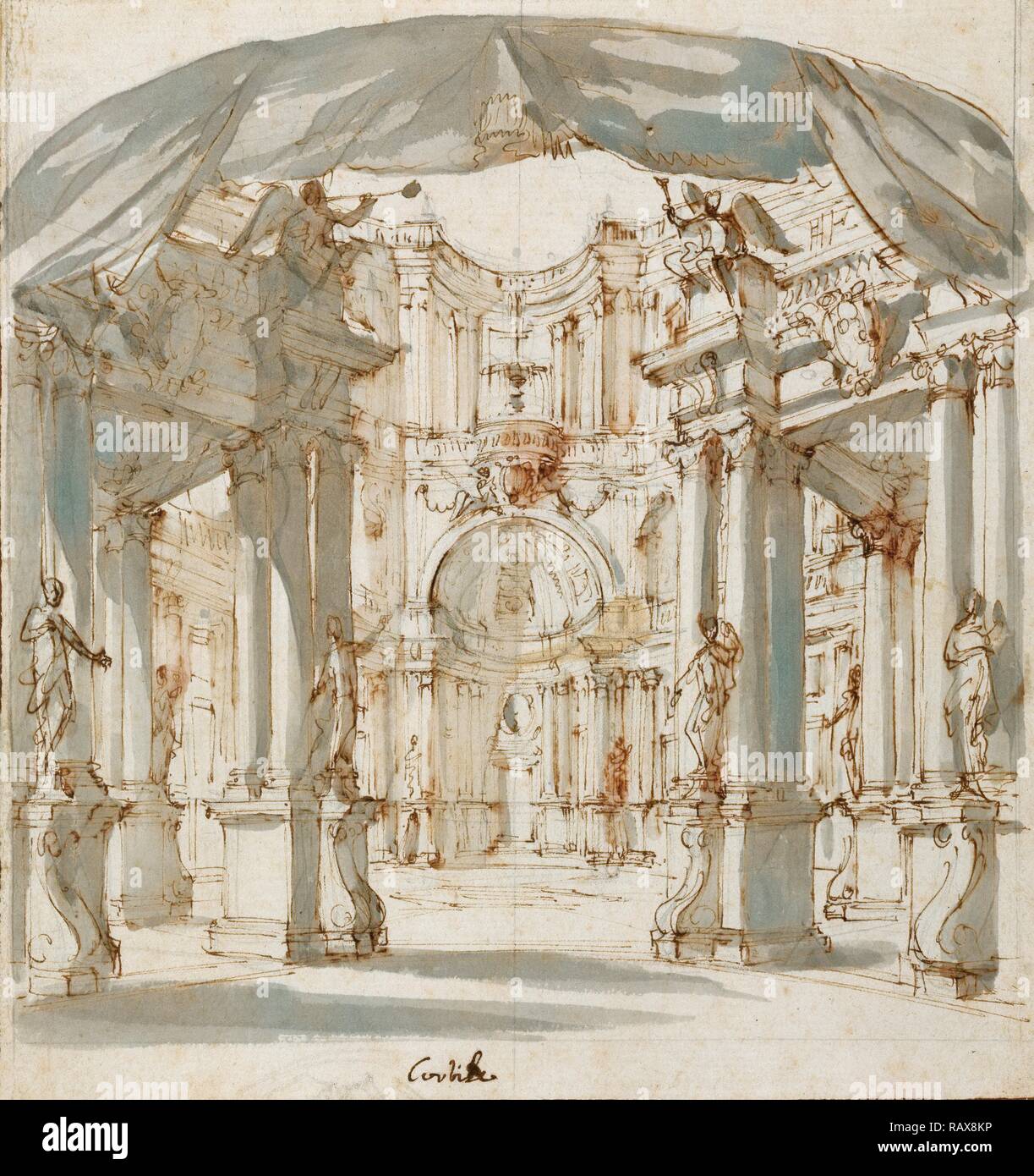 Der Innenhof eines Palastes: Projekt für eine Bühne, Filippo Juvarra, Italienisch, 1678 - 1736, 1713, Stift und Tinte braun, grau Neuerfundene Stockfoto