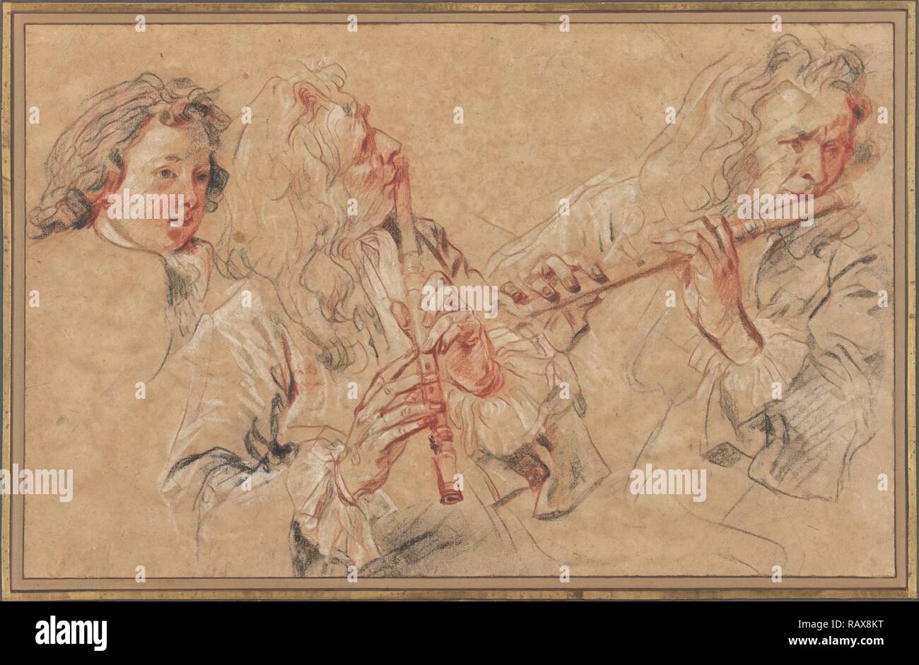 Zwei Studien der Flötist und eine Untersuchung der Kopf eines Jungen, Jean-Antoine Watteau, Französisch, 1684 - 1721, Frankreich, Europa neuerfundene Stockfoto