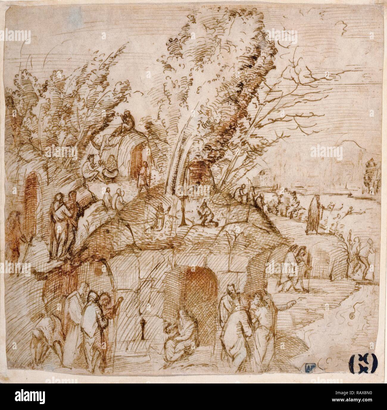 Ein thebais: Mönche und Einsiedler in einer Landschaft, Lorenzo Costa, Italienisch, über 1459/1460-1535, über 1505, Stift und Neuerfundene Stockfoto