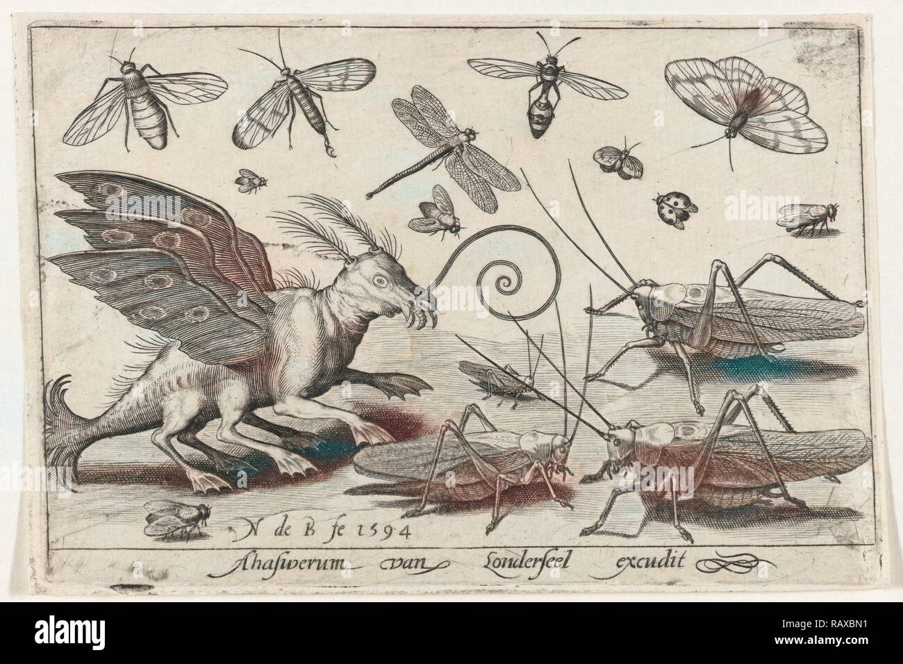 Heuschrecken und Fantasy Wesen mit Flügeln und webbed, Nicolaes de Bruyn, 1594. Neuerfundene durch Gibon. Klassische Kunst mit einem Neuerfundene Stockfoto
