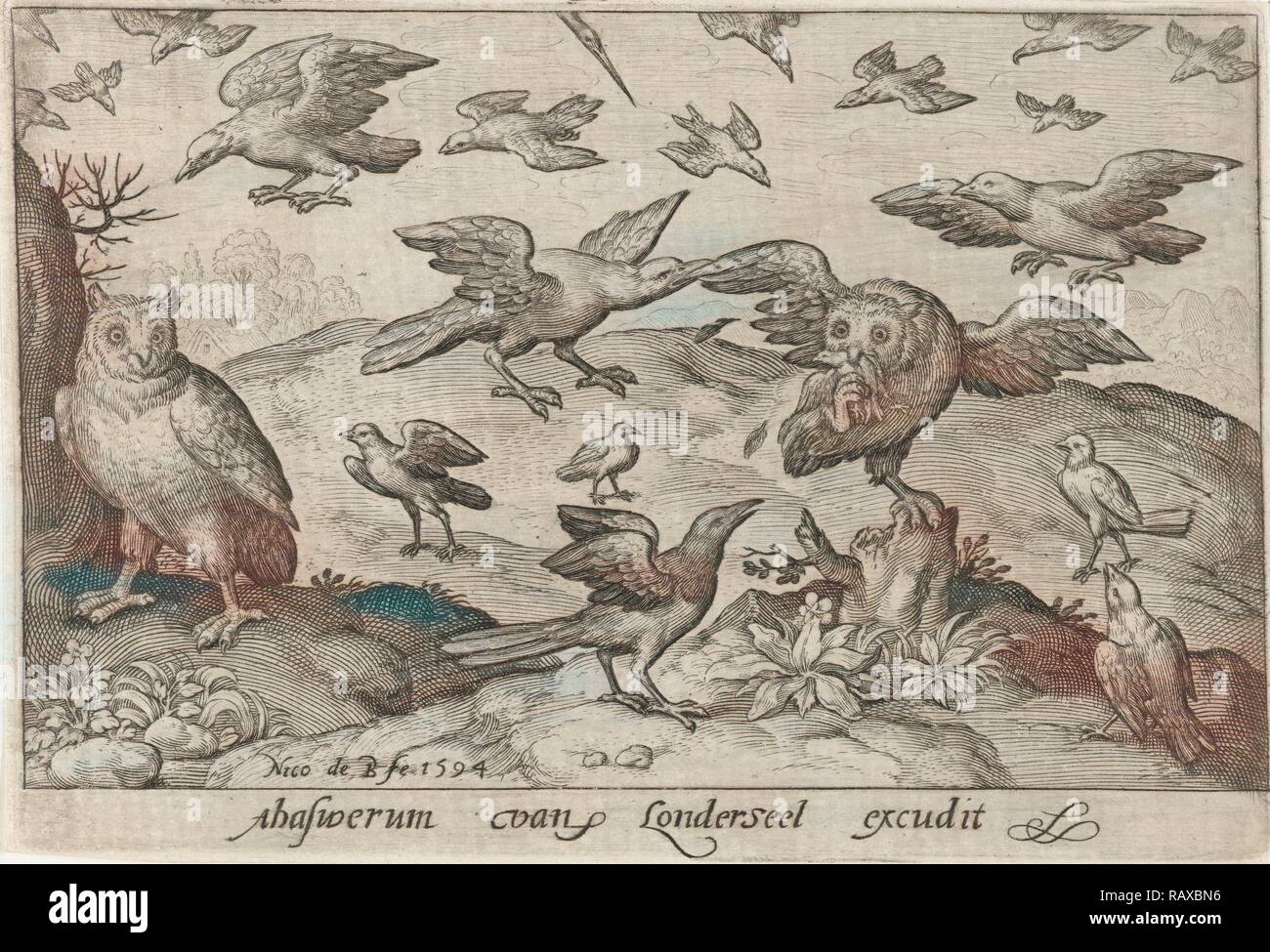 Eule mit Beute durch andere Vogel angegriffen, Nicolaes de Bruyn, 1594. Neuerfundene durch Gibon. Klassische Kunst mit einem modernen Touch neuerfundene Stockfoto