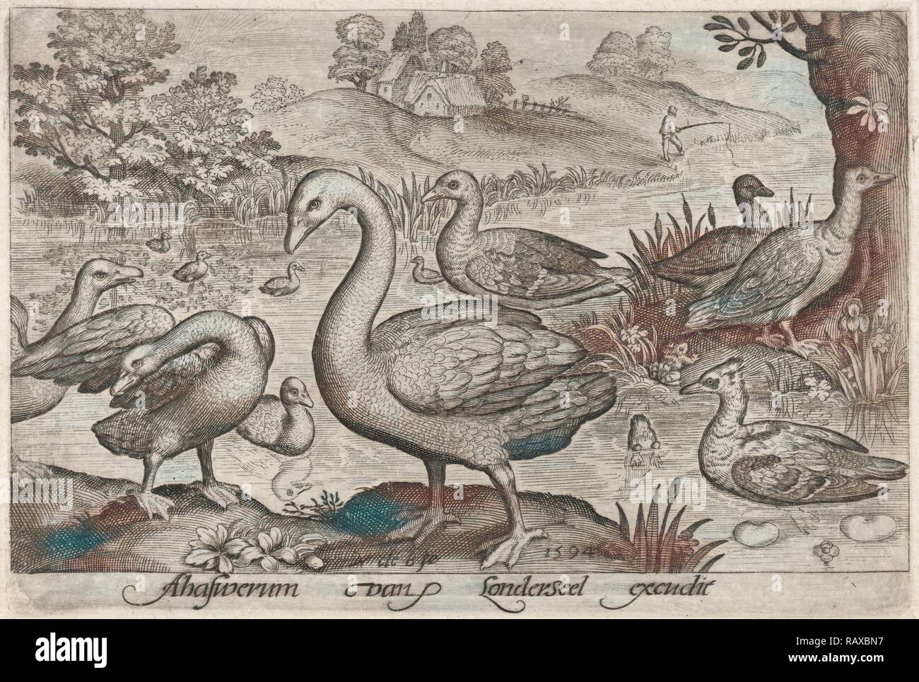 Schwan und Gänse und Enten in der Nähe von Wasser, Nicolaes de Bruyn, 1594. Neuerfundene durch Gibon. Klassische Kunst mit einem modernen Touch neuerfundene Stockfoto