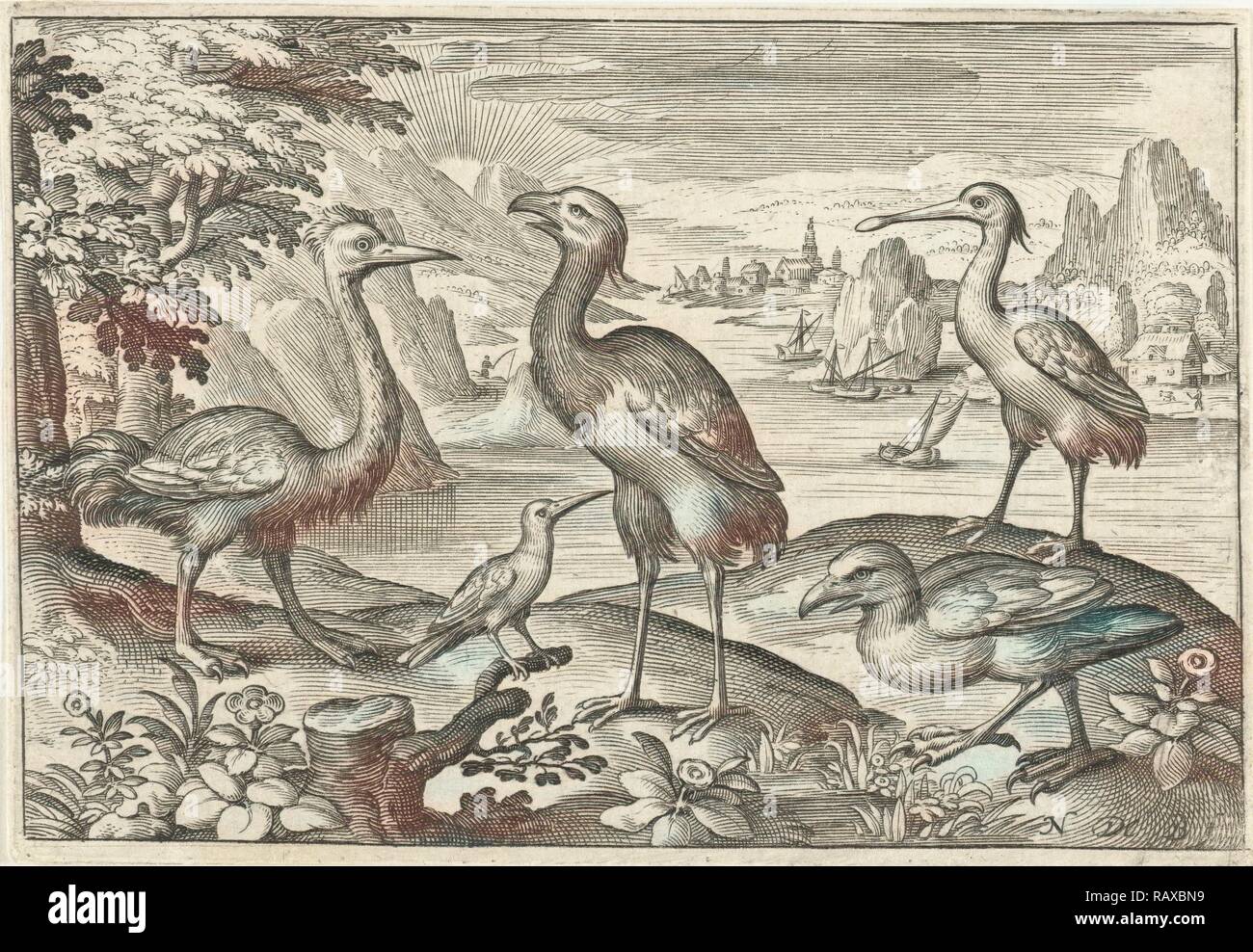 Fünf Vogelarten, darunter Löffler, Nicolaes de Bruyn, 1594. Neuerfundene durch Gibon. Klassische Kunst mit einem modernen Touch neuerfundene Stockfoto