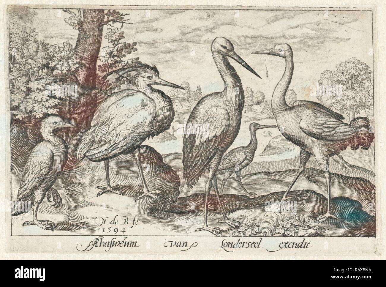 Stork, Kran, Reiher und Löffler, Nicolaes de Bruyn, 1594. Neuerfundene durch Gibon. Klassische Kunst mit einem modernen Touch neuerfundene Stockfoto