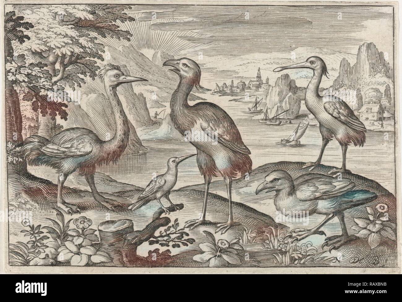 Gekrönt Kran zwischen zwei Strauße, Nicolaes de Bruyn, 1594. Neuerfundene durch Gibon. Klassische Kunst mit einem modernen Touch neuerfundene Stockfoto