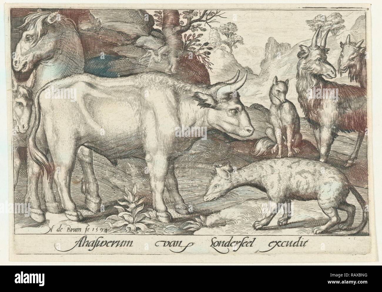 Stier und andere Tiere und Hyänen, Nicolaes de Bruyn, 1594. Neuerfundene durch Gibon. Klassische Kunst mit einem modernen Touch neuerfundene Stockfoto