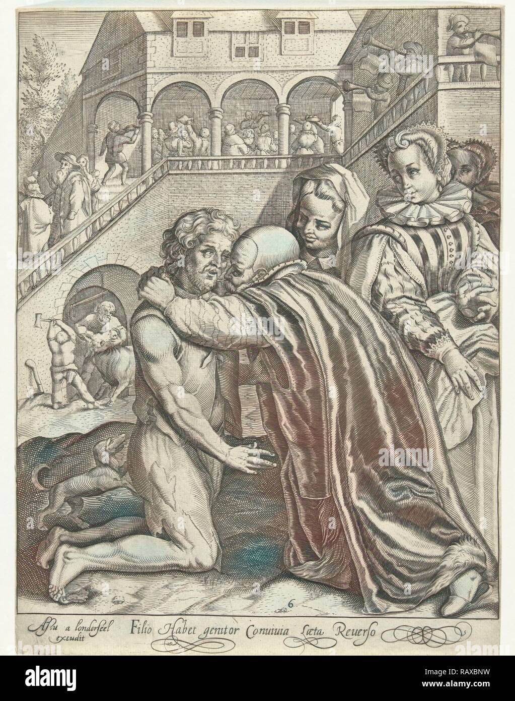 Heimkehr des verlorenen Sohnes, Nicolaes de Bruyn, 1581 - 1656. Neuerfundene durch Gibon. Klassische Kunst mit einem modernen Touch neuerfundene Stockfoto