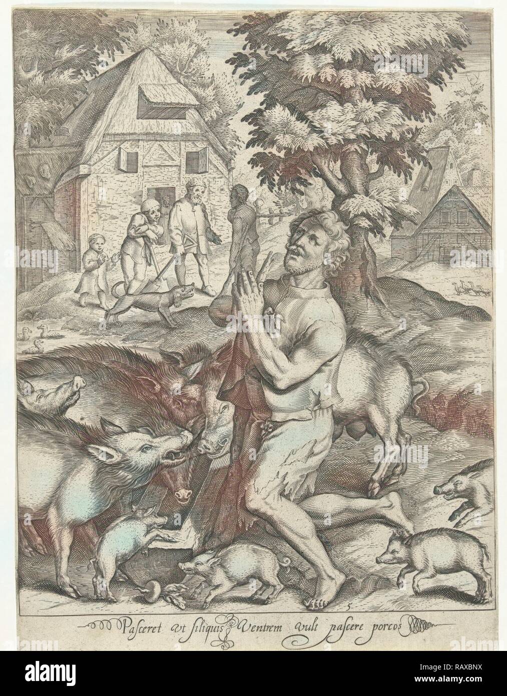 Verlorenen Sohn als Schweinehirt, Nicolaes de Bruyn, 1581 - 1656. Neuerfundene durch Gibon. Klassische Kunst mit einem modernen Touch neuerfundene Stockfoto