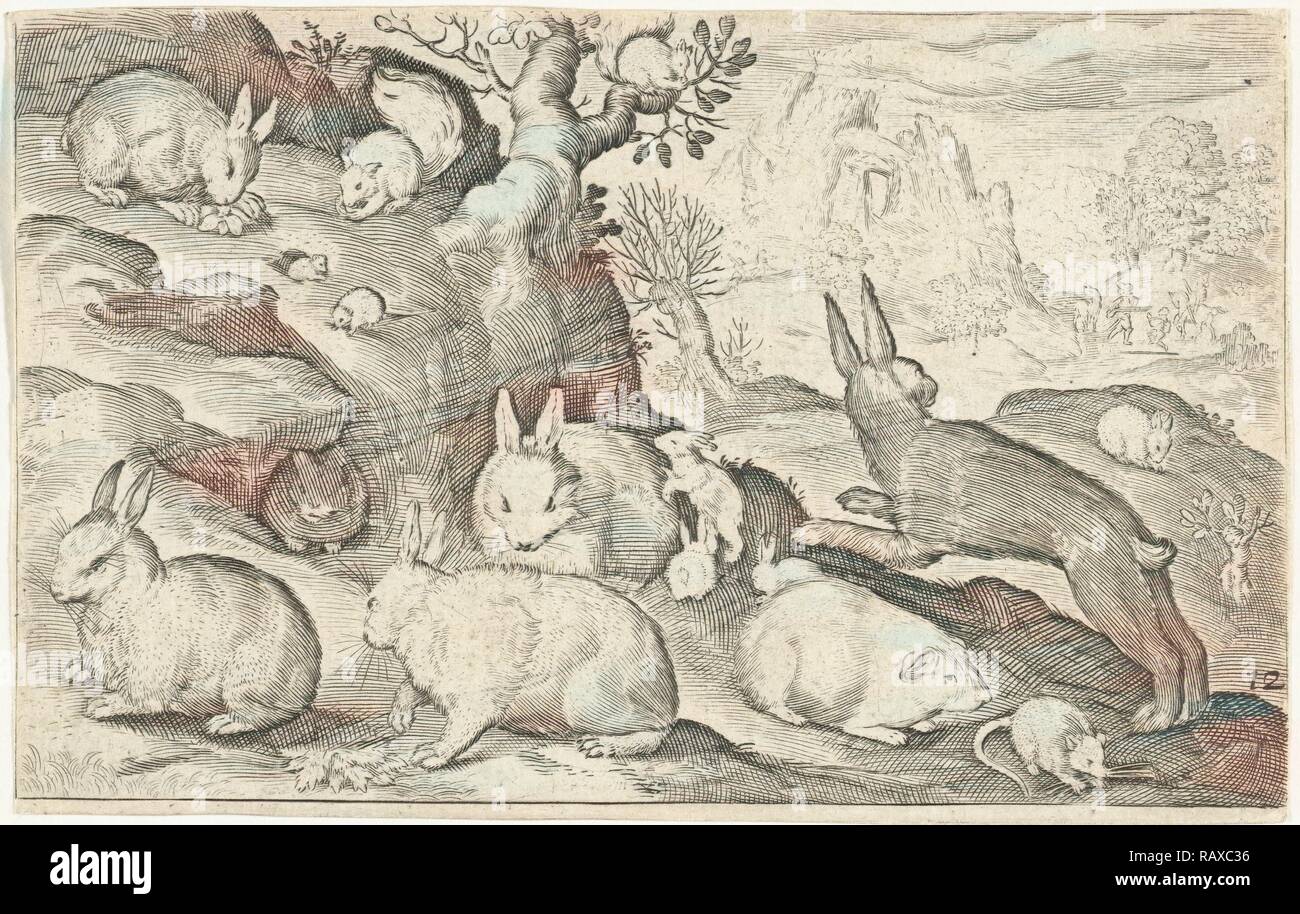 Kaninchen, Eichhörnchen, Meerschweinchen und Maus, Nicolaes de Bruyn, 1594. Neuerfundene durch Gibon. Klassische Kunst mit einem modernen Neuerfundene Stockfoto
