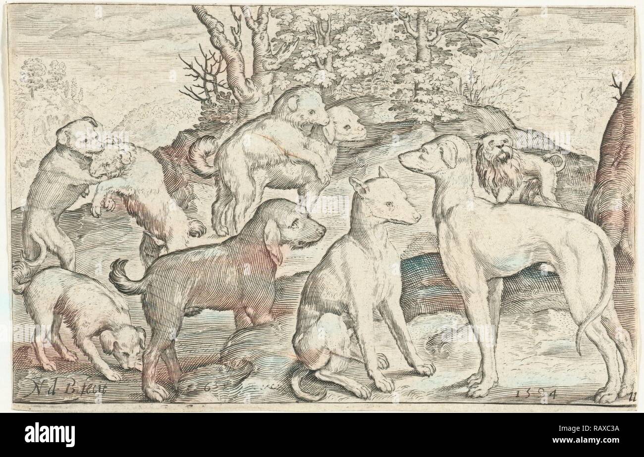 Neun Hunde, Nicolaes de Bruyn, 1594. Neuerfundene durch Gibon. Klassische Kunst mit einem modernen Touch neuerfundene Stockfoto