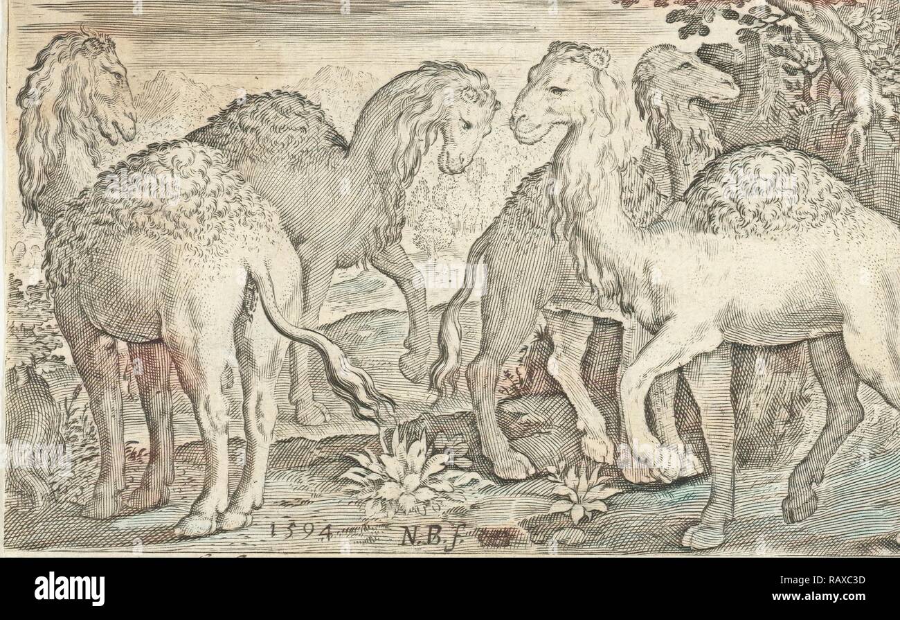 Vier Buckelwale, Nicolaes de Bruyn, 1594. Neuerfundene durch Gibon. Klassische Kunst mit einem modernen Touch neuerfundene Stockfoto