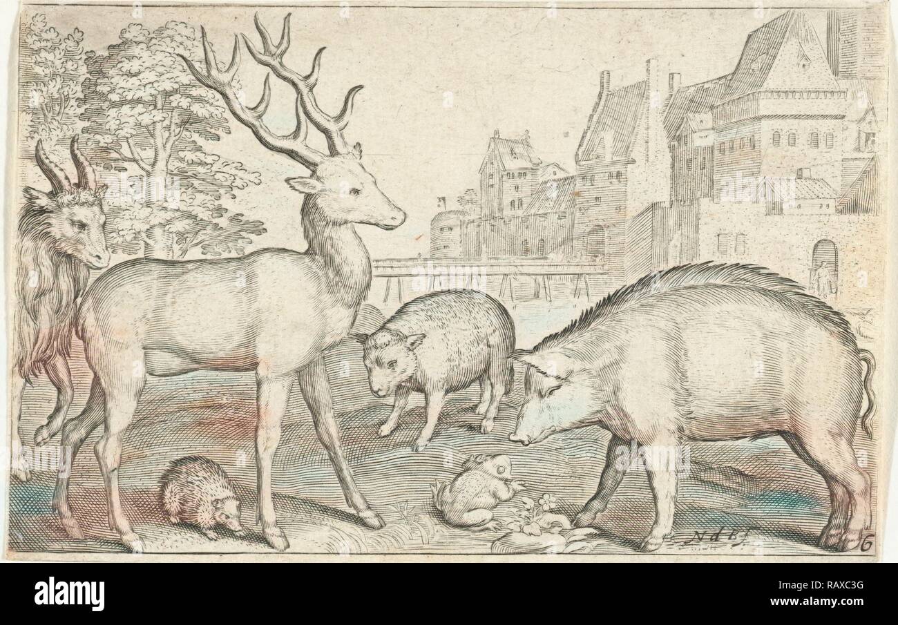 Hart, Igel, Schaf, Schwein und Frosch, Nicolaes de Bruyn, 1594. Neuerfundene durch Gibon. Klassische Kunst mit einem modernen Touch neuerfundene Stockfoto
