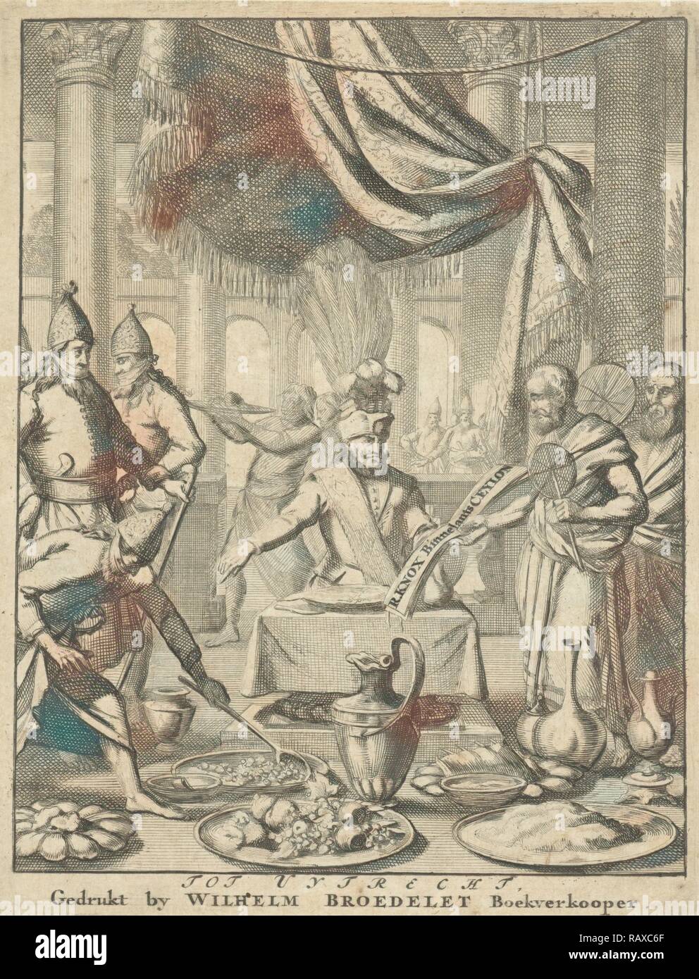 Zwei Priester bieten ein King ein Buch während einer Mahlzeit, Jan Luyken, Willem Broedelet, 1692. Neuerfundene durch Gibon. Klassische Kunst neuerfundene Stockfoto