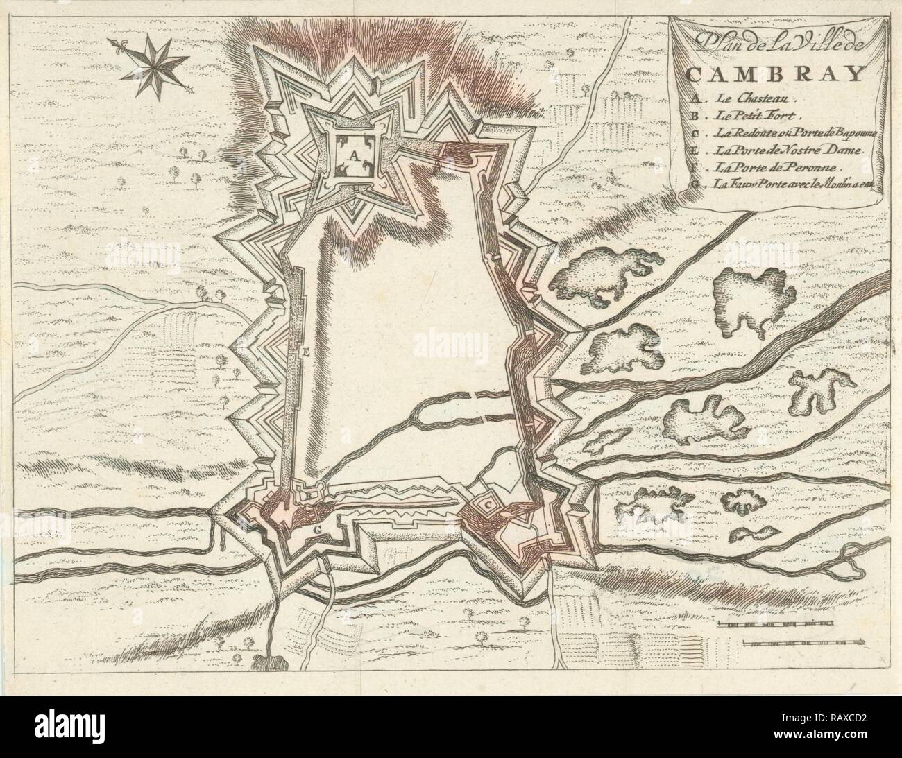 Karte von Cambrai (Cambrai), 1673-1686, Frankreich, Jan Luyken, Hendrick und Dirk Ausleger, 1673 - 1686. Neuerfundene Stockfoto