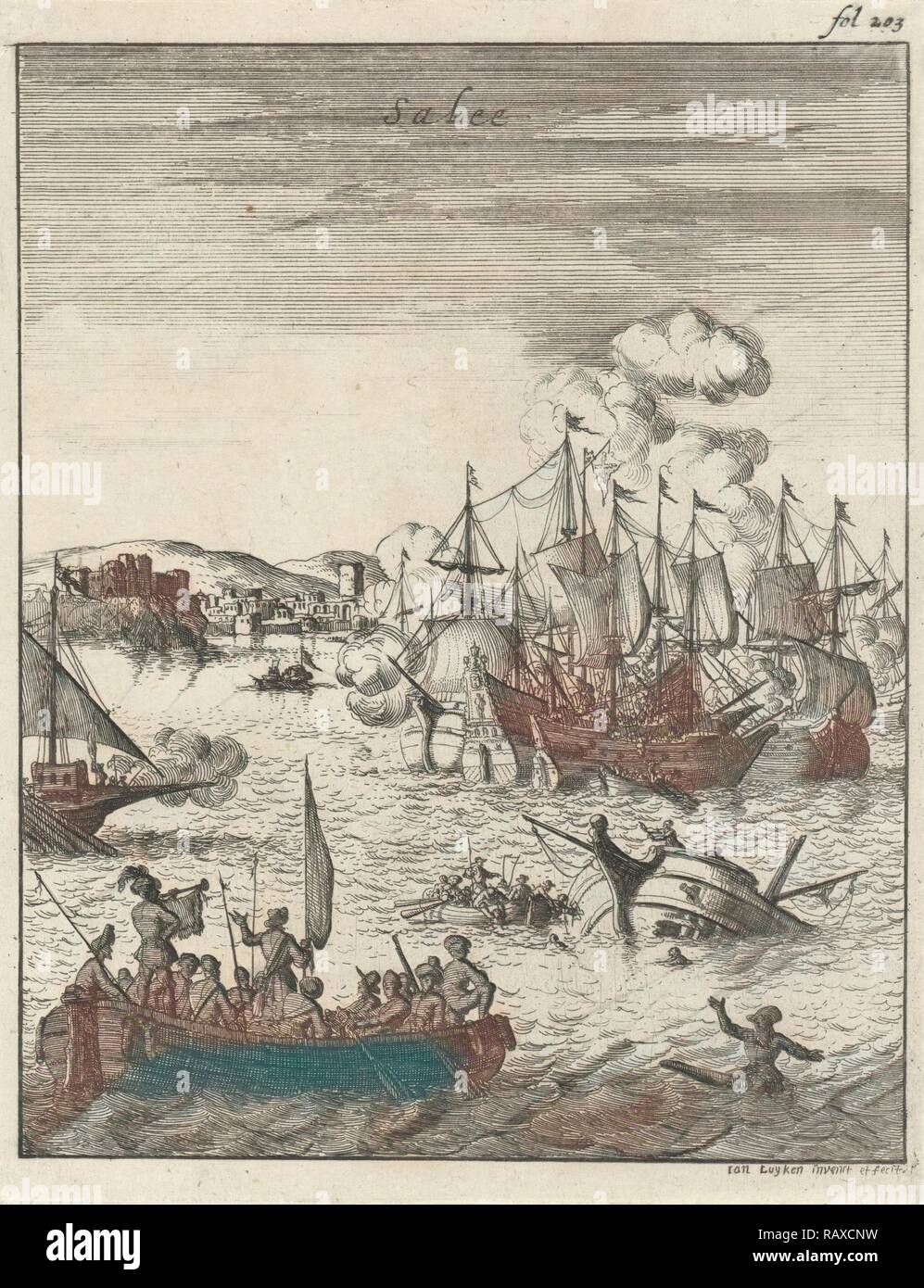 Seeschlacht vor der Küste von Salee, Marokko, Jan Luyken, 1684. Neuerfundene durch Gibon. Klassische Kunst mit einem modernen Touch neuerfundene Stockfoto