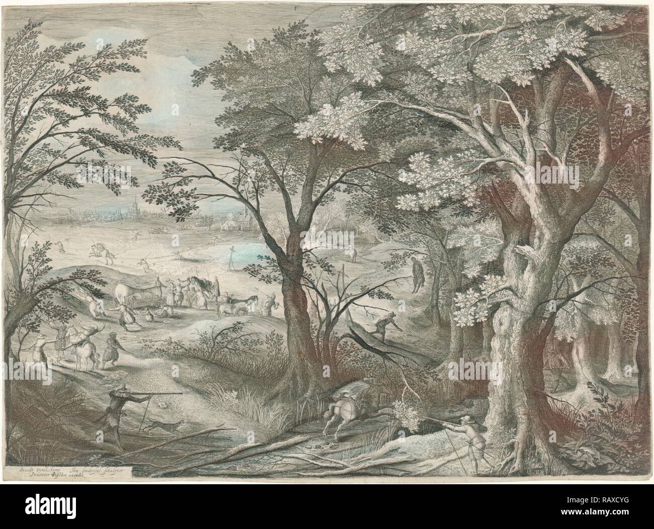 Wegelagerer Raub Reisende in einer Landschaft, Jan van Londerseel, Claes Jansz. Visscher (II), 1601 - 1652. Neuerfundene Stockfoto