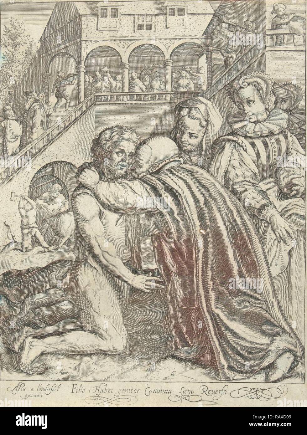 Heimkehr des verlorenen Sohnes, drucken Teekocher: Nicolaes de Bruyn, Assuerus van Londerseel, 1581 - 1656. Neuerfundene Stockfoto