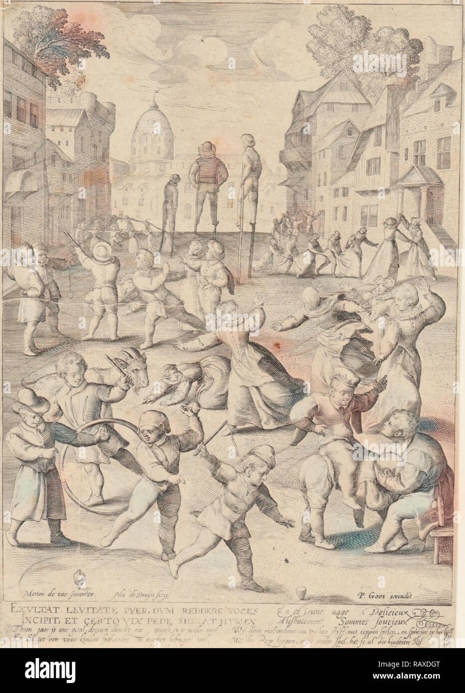 Erste Lebensphase von zehn Jahren, mit Kindern spielen, Nicolaes de Bruyn, Pieter Goos, 1598 - 1602. Neuerfundene Stockfoto