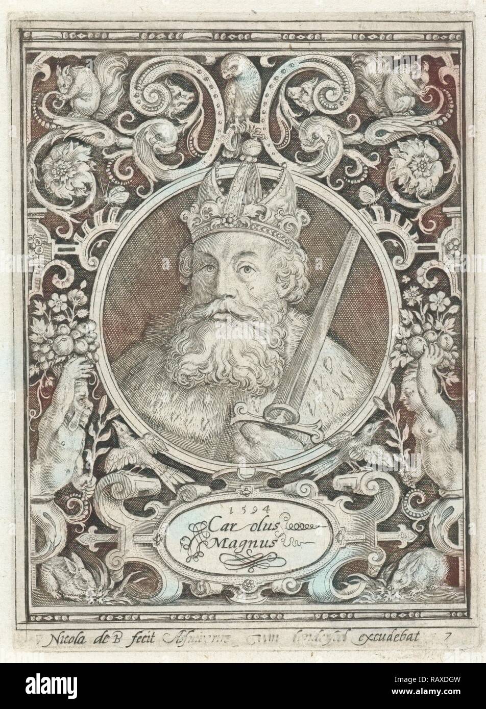 Porträt von Karl dem Großen in Medaillon in rechteckigen Rahmen mit Ornamenten, Nicolaes de Bruyn, Anonym, 1594 überarbeitet Stockfoto