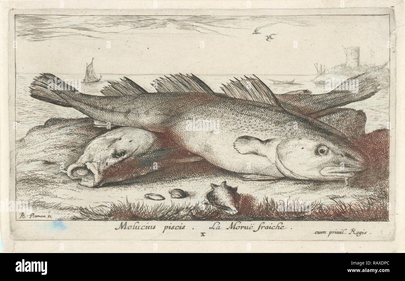 Zwei Dorsch am Strand, Albert Flamen, 1664. Neuerfundene durch Gibon. Klassische Kunst mit einem modernen Touch neuerfundene Stockfoto