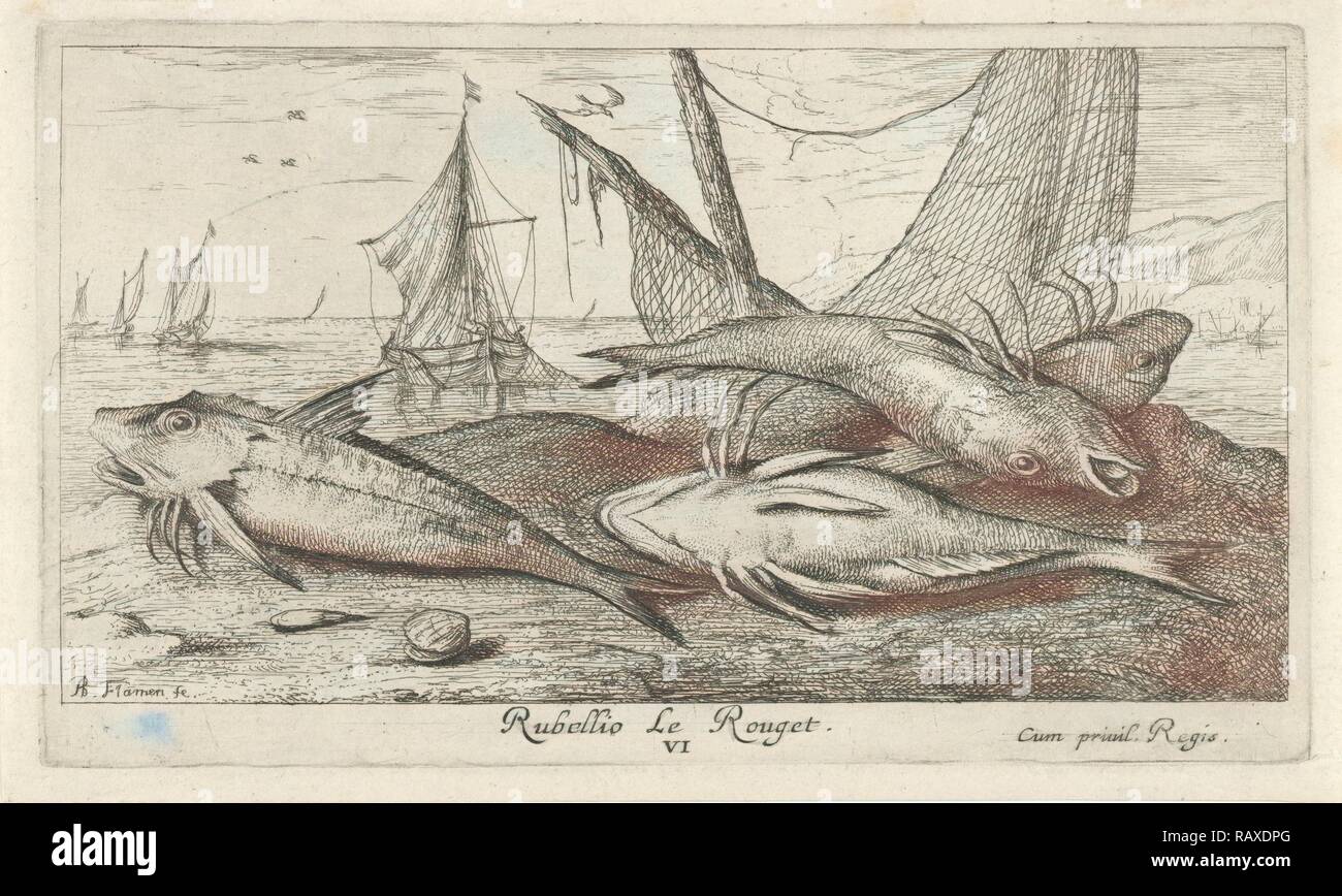 Fisch am Strand, Albert Flamen, 1664. Neuerfundene durch Gibon. Klassische Kunst mit einem modernen Touch neuerfundene Stockfoto