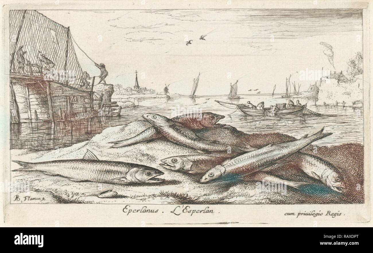 Sechs schmilzt am Strand, Albert Flamen, 1664. Neuerfundene durch Gibon. Klassische Kunst mit einem modernen Touch neuerfundene Stockfoto