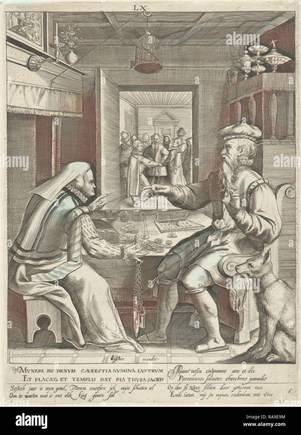 6. Lebensdauer von 60 Jahren mit der Mann sein Geld zählen, mit seiner Frau, Assuerus van Londerseel, Nicolaes de Bruyn neuerfundene Stockfoto