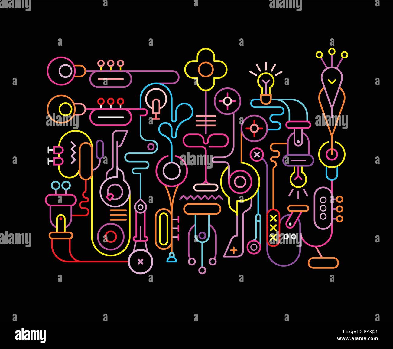 Neon Farben auf schwarzem Hintergrund abstrakte Kunst Design Vector Illustration. Line Art Komposition mit Musikinstrumenten und elektrischen Anlagen. Stock Vektor