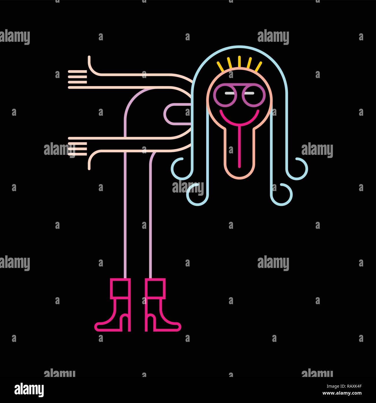 Neon Farben auf schwarzem Hintergrund lustige Mann im einladenden Geste Vector Illustration. Stock Vektor