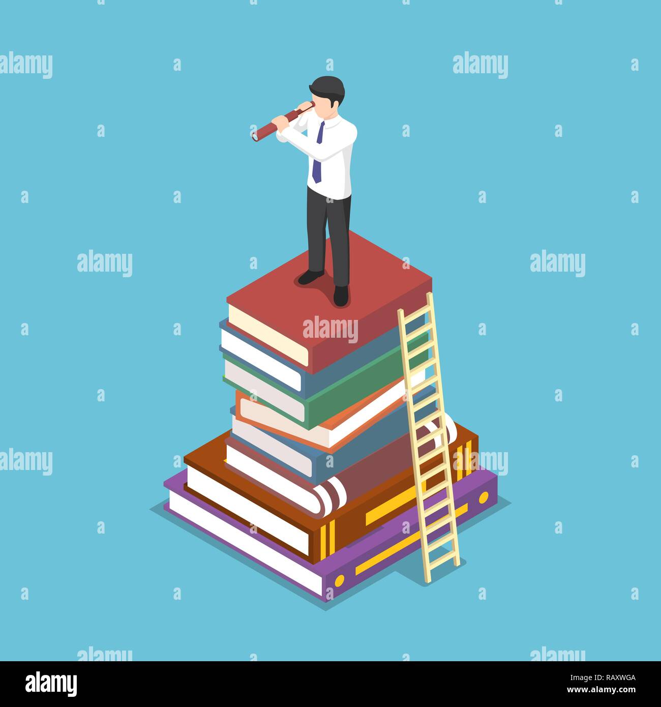 Wohnung 3 d isometrische Geschäftsmann durch Teleskop auf Stapel Buch suchen. Unternehmen Vision und Bildung Konzept. Stock Vektor