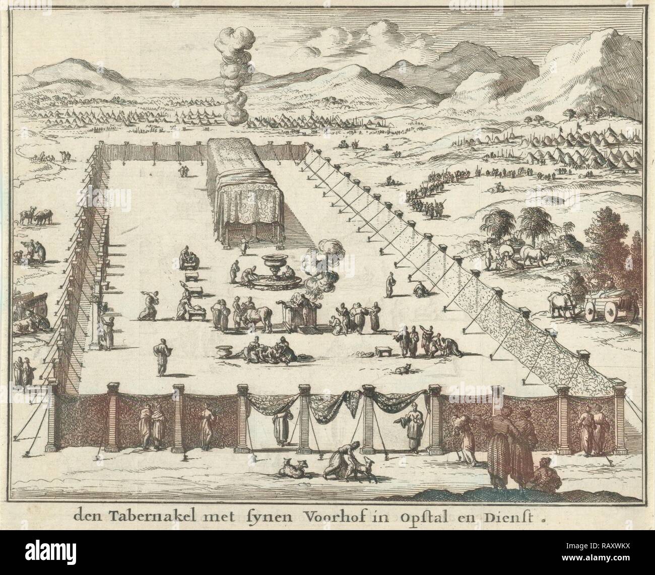Blick auf den Hof und die Stiftshütte, Jan Luyken, Willem Goeree, 1683. Neuerfundene durch Gibon. Klassische Kunst mit einem modernen Neuerfundene Stockfoto