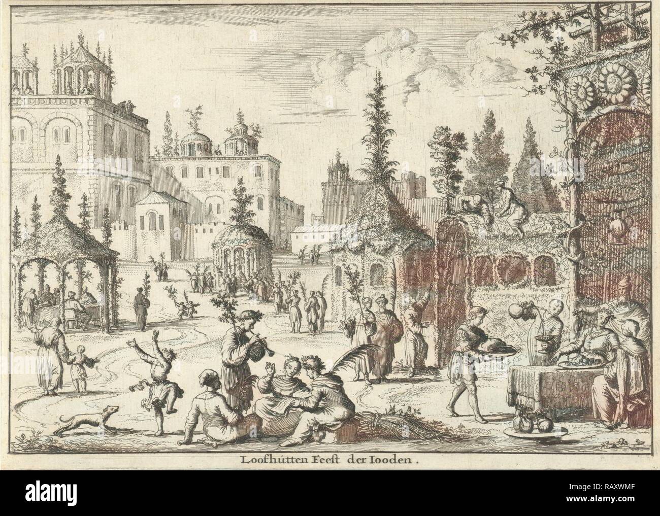Fest der Laubhütten, Jan Luyken, Willem Goeree, 1682. Neuerfundene durch Gibon. Klassische Kunst mit einem modernen Touch neuerfundene Stockfoto