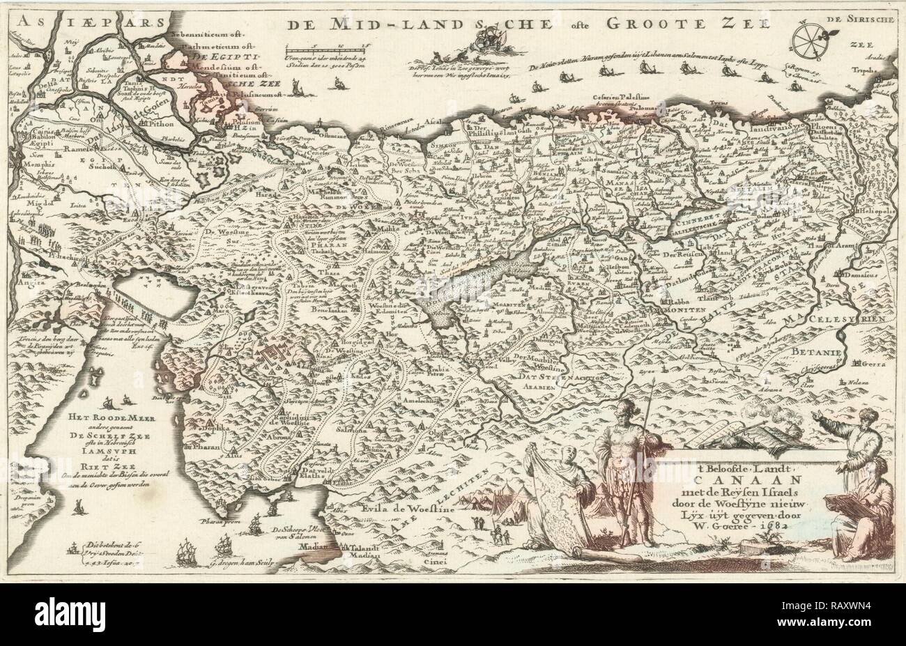 Karte von Kanaan, Jan Luyken, Willem Goeree, 1682. Neuerfundene durch Gibon. Klassische Kunst mit einem modernen Touch neuerfundene Stockfoto