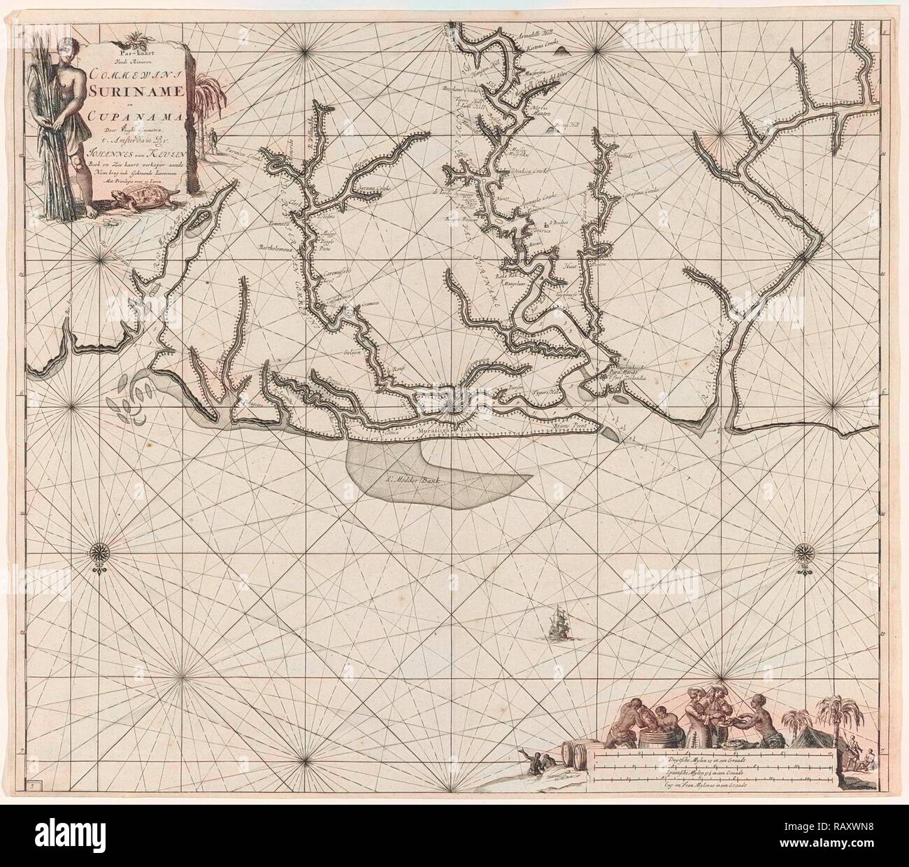Meer Diagramm der verschiedenen Suriname Flüsse, Jan Luyken, Johannes van Keulen (I), unbekannt, 1684 - 1799. Neuerfundene Stockfoto
