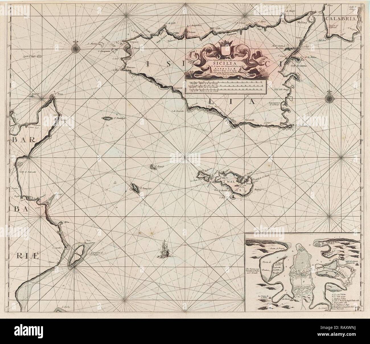 Karte der Inseln Sizilien und Malta und Teil der Küste von Tunesien, Anonym, Johannes van Keulen ICH, unbekannten Neuerfundene Stockfoto
