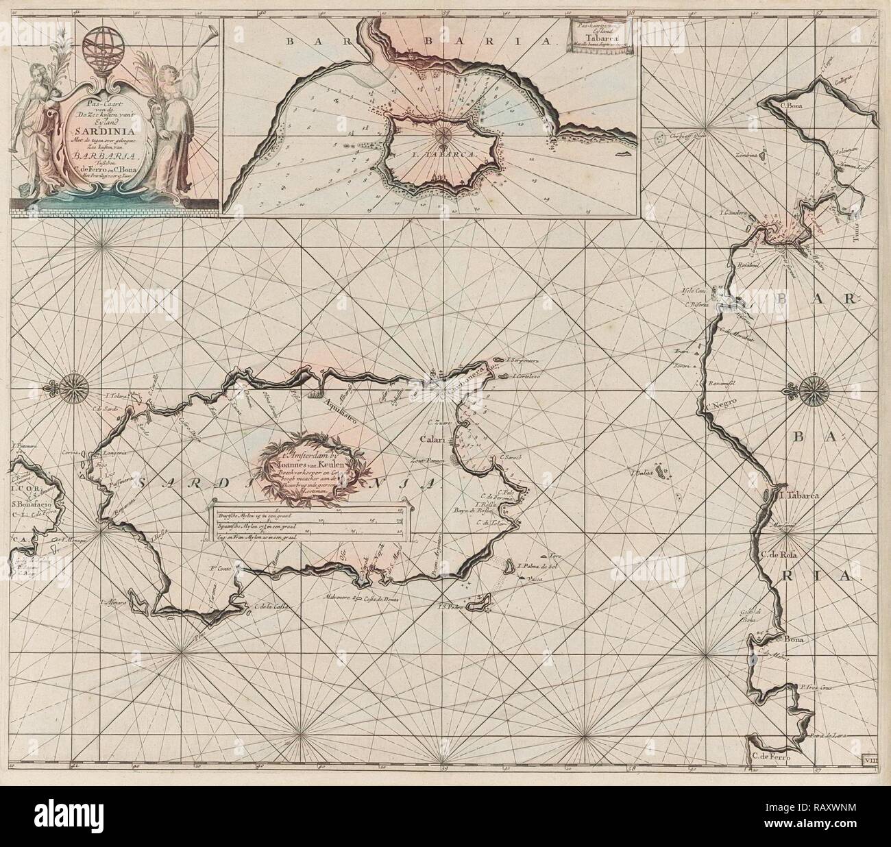 Seekarte der Insel Sardinien und Teil der Küste Nordafrikas, Anonym, Johannes van Keulen (ich Neuerfundene Stockfoto
