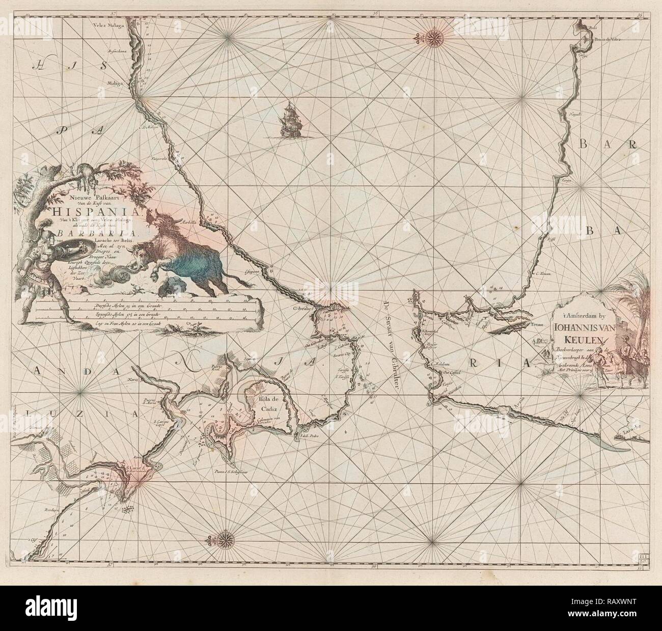 Seekarte der Meerenge von Gibraltar, Jan Luyken, Johannes van Keulen (I), unbekannt, 1682 - 1803. Neuerfundene Stockfoto