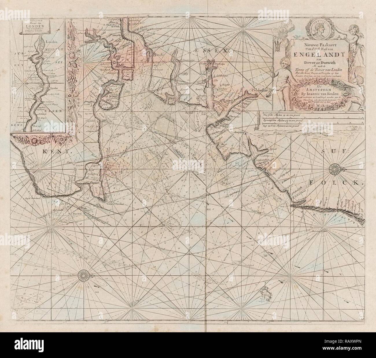 Seekarte eines Teils der Ostküste Englands an der Mündung der Themse, Jan Luyken, Anonym, Johannes van Keulen neuerfundene Stockfoto