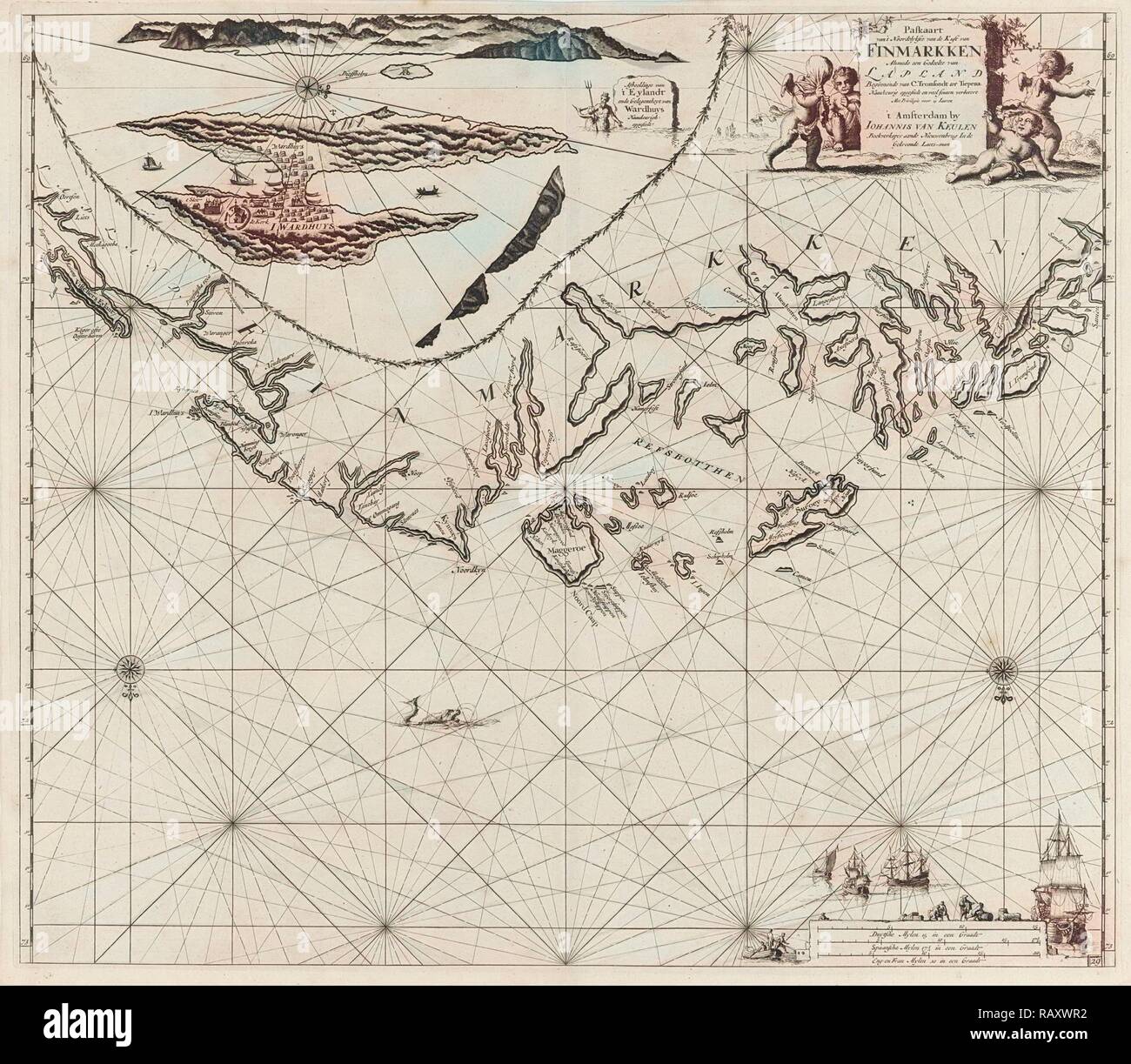 Meer Diagramm der Teil der Küste der Finnmark, Jan Luyken, Johannes van Keulen (I), unbekannt, 1681 - 1799. Neuerfundene Stockfoto
