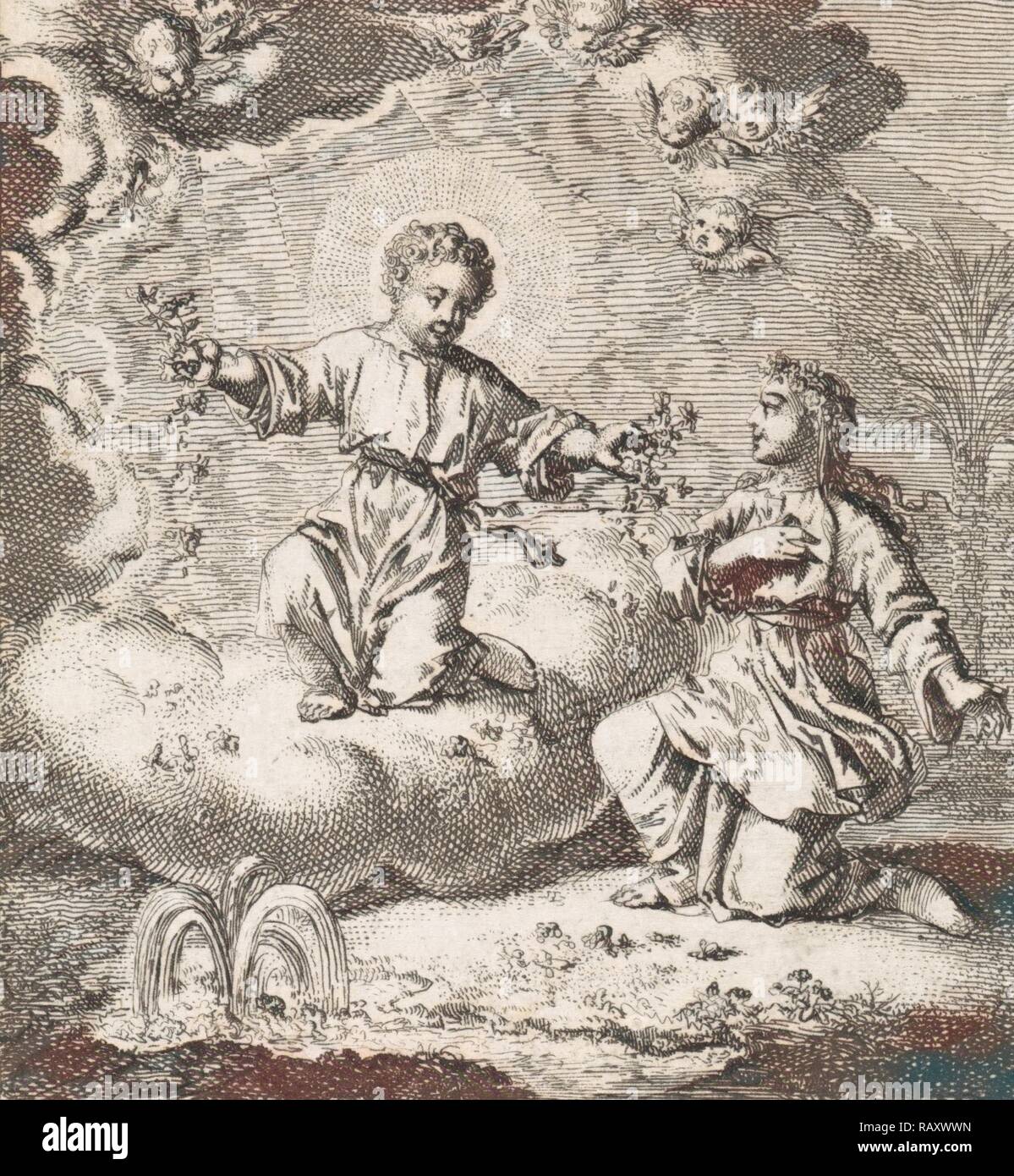 Personifizierte Seele trifft auf Christus, Jan Luyken, 1714. Neuerfundene durch Gibon. Klassische Kunst mit einem modernen Touch neuerfundene Stockfoto
