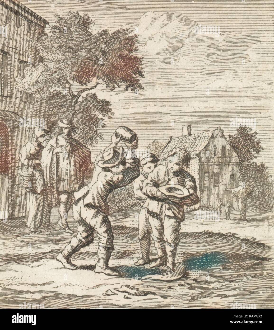 Kinder spielen ein Spiel, Zacharias 13007 (II), Jan Luyken, wed. Pieter Arentsz (II), 1712. Neuerfundene Stockfoto