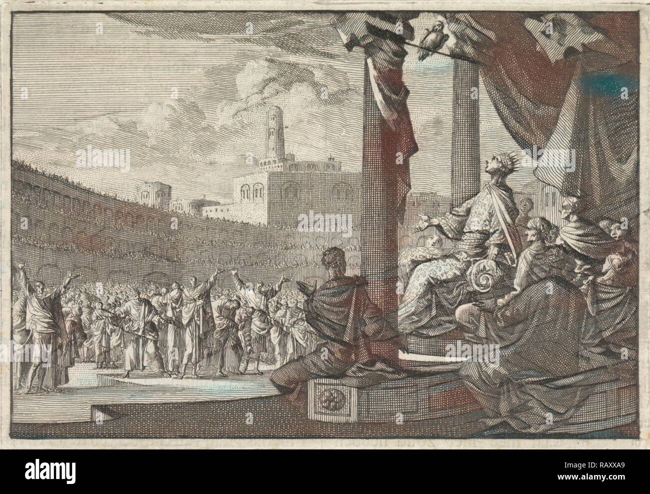 König Agrippa sieht eine Eule vor seinen Thron, drucken Teekocher: Jan Luyken, Pieter Mortier, 1704. Neuerfundene Stockfoto