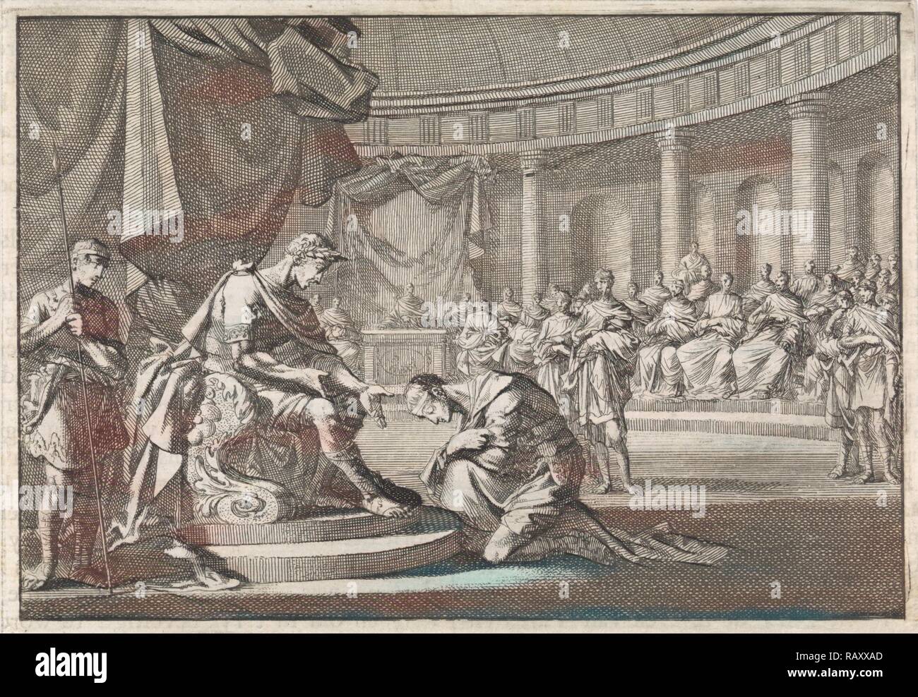 Archelaus, Sohn des Herodes, kniet vor Caesar Augustus in Rom, Jan Luyken, Pieter Mortier, 1704. Neuerfundene Stockfoto
